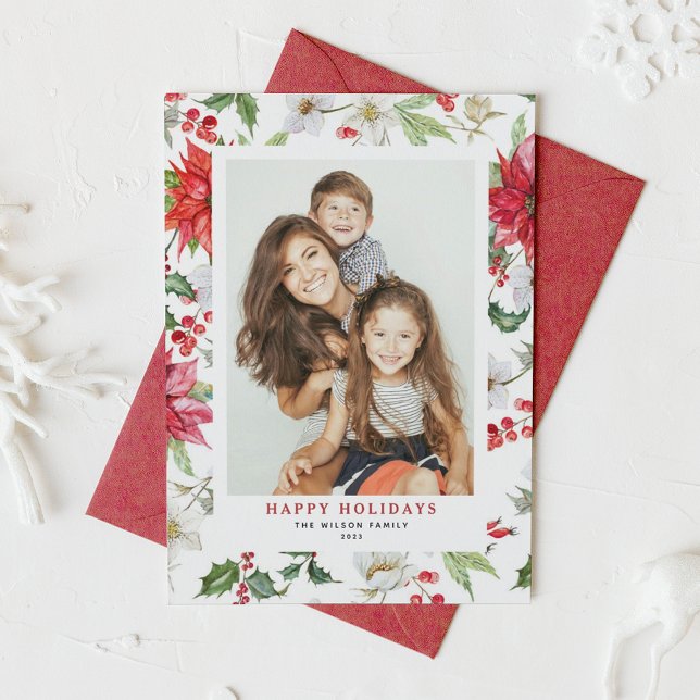 Cartes Pour Fêtes Annuelles Festive Noël Fleurs d'hiver Motif Photo (Créateur téléchargé)