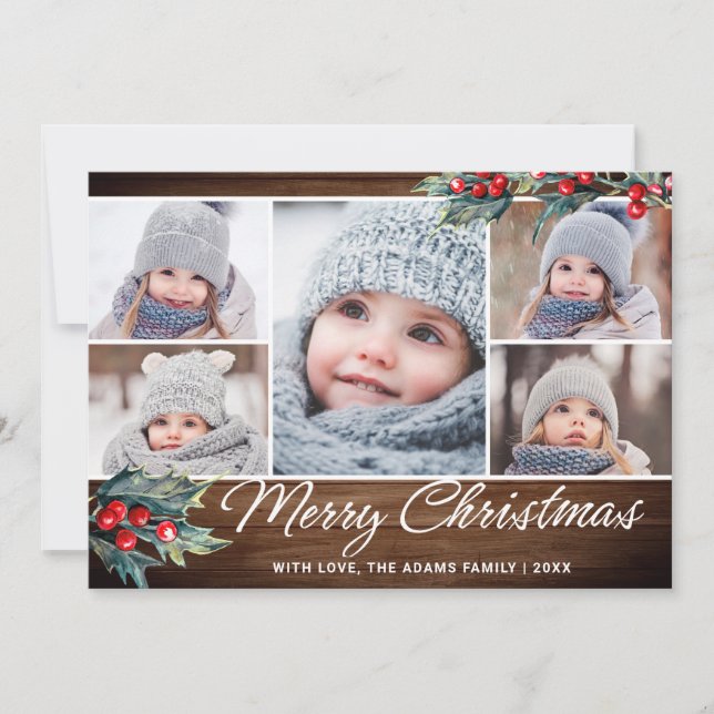 Cartes Pour Fêtes Annuelles Festive Rustique Noël 5 PHOTOS Salutations (Devant)