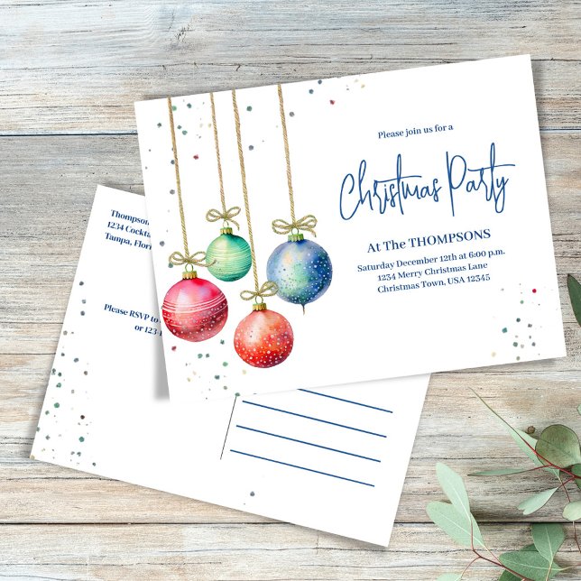 Cartes Pour Fêtes Annuelles Fête de Noël Aquarelle Ornements simples (Watercolor Christmas party holiday invitation postcard.)