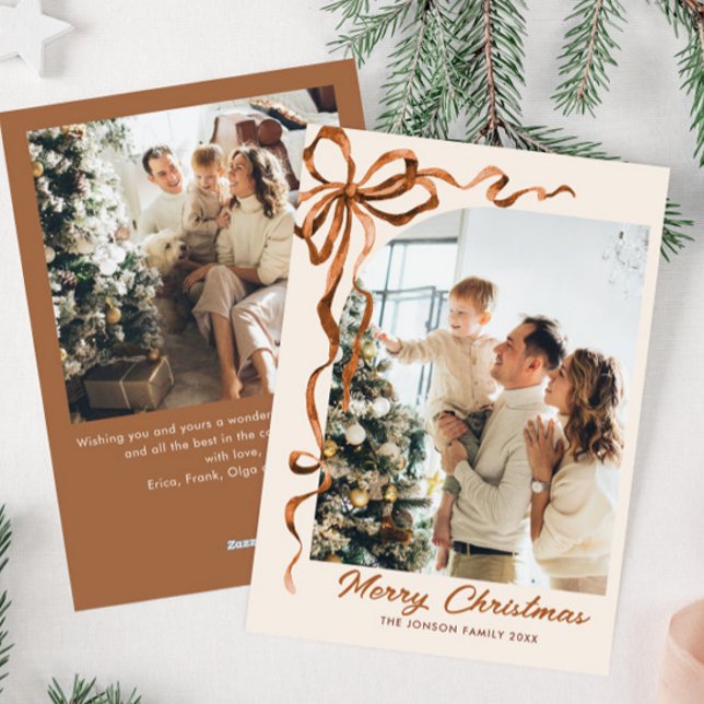 Cartes Pour Fêtes Annuelles Fête Noël Beige Boho Bow Ribbon 2 Photo (Créateur téléchargé)