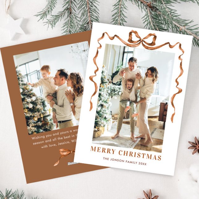 Cartes Pour Fêtes Annuelles Fête Noël Beige Boho Bow Ribbon 2 Photo (Créateur téléchargé)