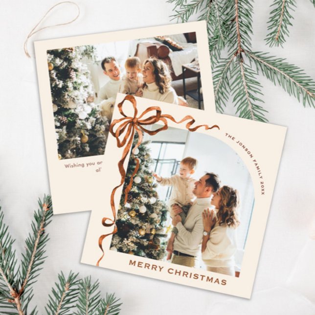 Cartes Pour Fêtes Annuelles Fête Noël Beige Boho Bow Ribbon 2 Photo (Créateur téléchargé)
