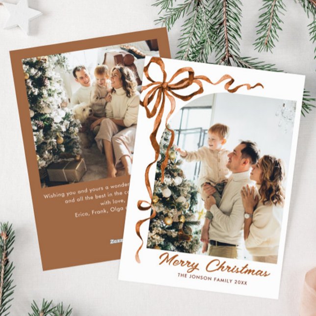 Cartes Pour Fêtes Annuelles Fête Noël Beige Boho Bow Ribbon 2 Photo (Créateur téléchargé)