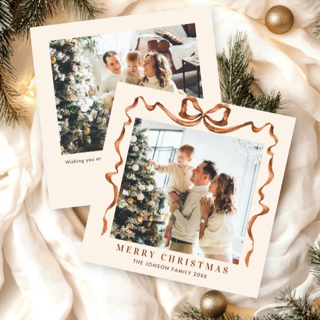 Cartes Pour Fêtes Annuelles Fête Noël Beige Boho Bow Ribbon 2 Photo (Créateur téléchargé)