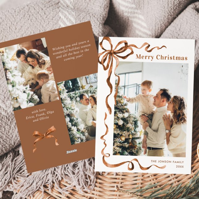 Cartes Pour Fêtes Annuelles Fête Noël Beige Boho Bow Ribbon 3 Photo (Créateur téléchargé)