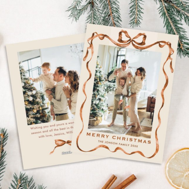 Cartes Pour Fêtes Annuelles Fête Noël Boho Beige Bow Ribbon 2 Photo (Créateur téléchargé)