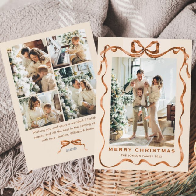 Cartes Pour Fêtes Annuelles Fête Noël Boho Beige Bow Ribbon 5 Photo (Créateur téléchargé)