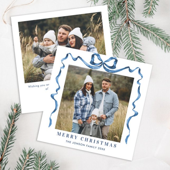 Cartes Pour Fêtes Annuelles Fête Noël Dusty Blue Bow Ribbon 2 Photo (Créateur téléchargé)