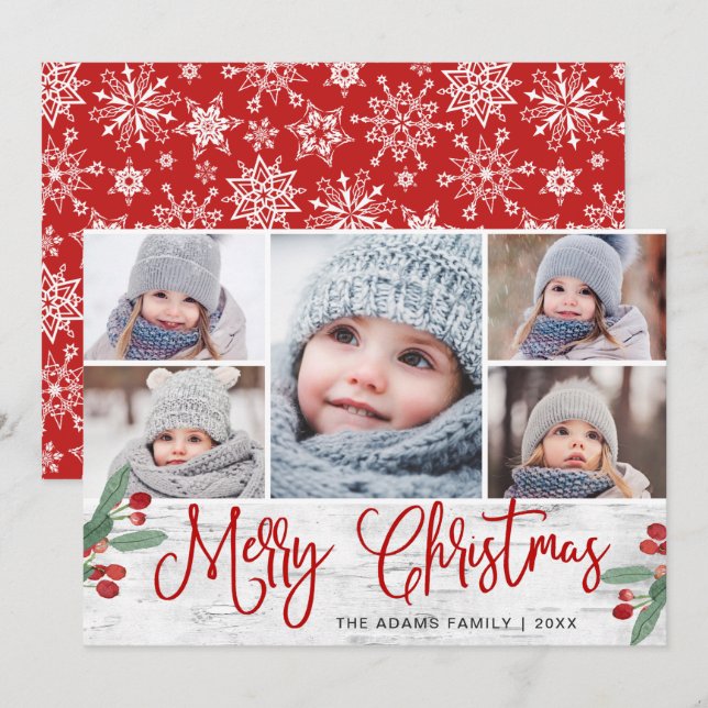 Cartes Pour Fêtes Annuelles Fête Noël Holly Berry Rustic 5 PHOTO (Devant / Derrière)