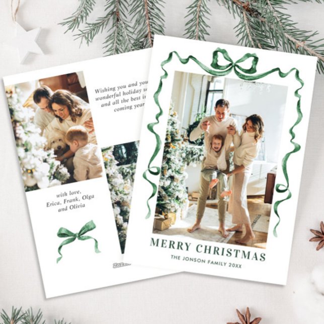 Cartes Pour Fêtes Annuelles Fête Noël Sage Green Bow Ribbon 3 Photo (Créateur téléchargé)