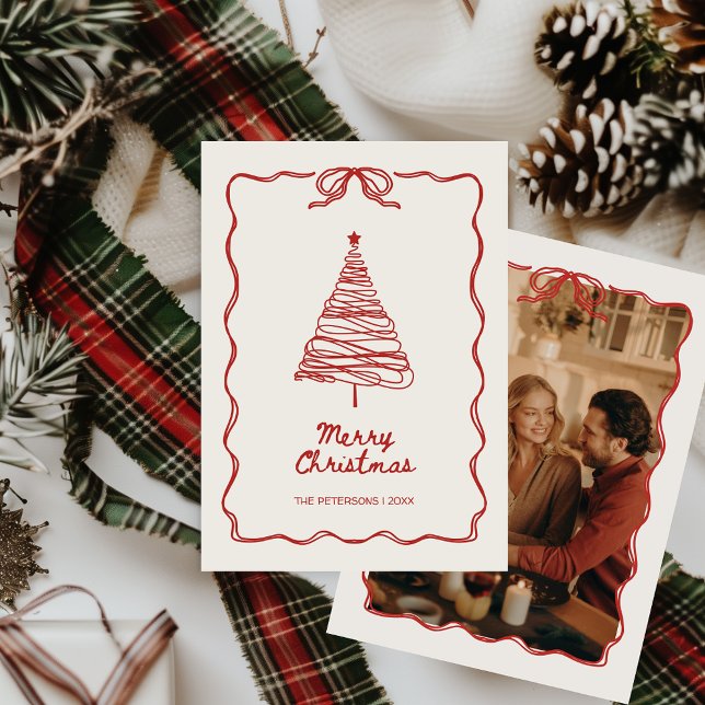 Cartes Pour Fêtes Annuelles Fête rouge illustrée à la main Noël (Hand-illustrated Hand-drawn Vintage Retro Red Christmas Card with Photo Unique Aesthetic)