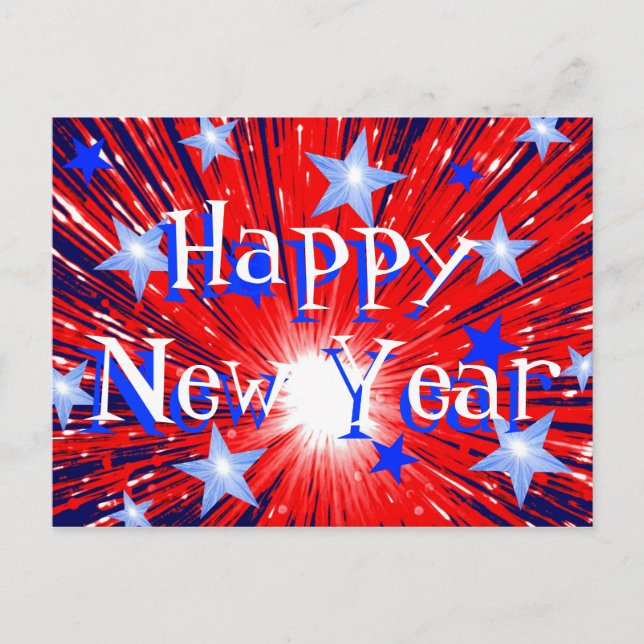 Cartes Pour Fêtes Annuelles Feu d'artifice Rouge Bleu Bleu 'Joyeux Nouvel An'  (Devant)