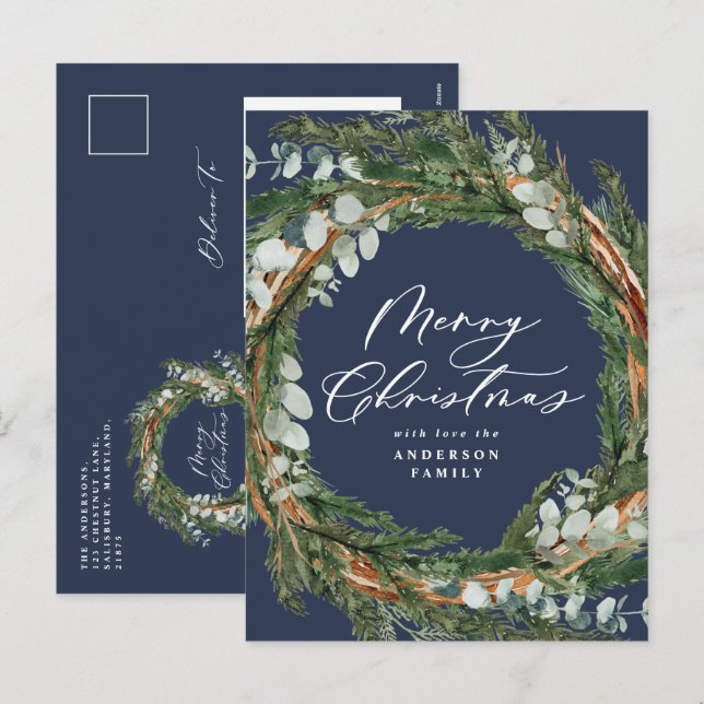Cartes Pour Fêtes Annuelles Feuillage d'aquarelle minimal moderne bleu Noël (Devant / Derrière)