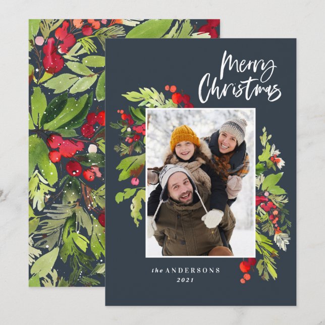 Cartes Pour Fêtes Annuelles feuillage de Noël photo traditionnelle rustique (Devant / Derrière)