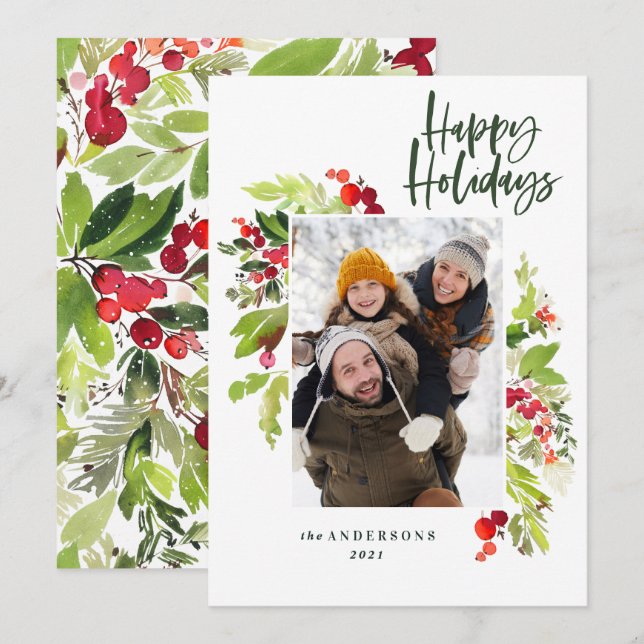 Cartes Pour Fêtes Annuelles feuillage de Noël traditionnel rustique 1 photo (Devant / Derrière)