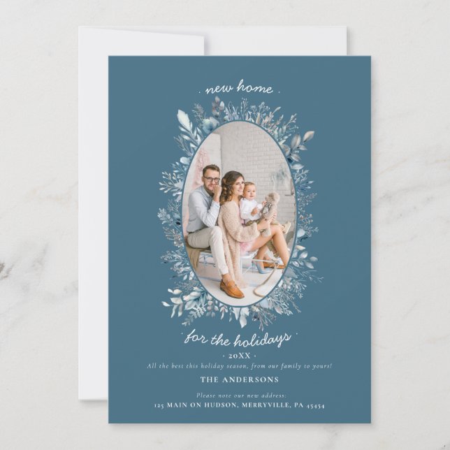 Cartes Pour Fêtes Annuelles Feuillage d'hiver bleu Dusty Nouvelle maison Photo (Devant)