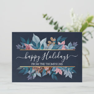 Cartes Pour Fêtes Annuelles Feuillage Floral Rose Clair Sur Bleu Foncé