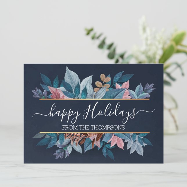 Cartes Pour Fêtes Annuelles Feuillage Floral Rose Clair Sur Bleu Foncé (Debout devant)