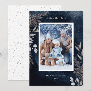 Cartes Pour Fêtes Annuelles Feuillage gris hiver sur l'aquarelle bleu marine P