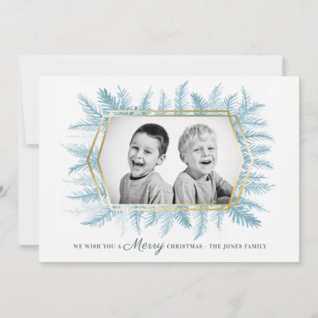 Cartes Pour Fêtes Annuelles Feuillage vert eau hiver aquarelle bleu (Devant)