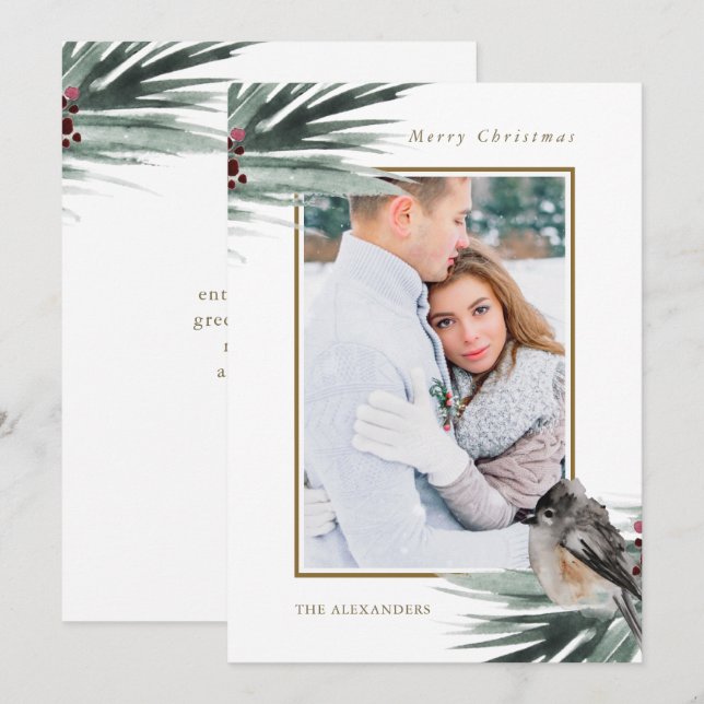 Cartes Pour Fêtes Annuelles Feuillage vert rustique Photo Joyeux Noël (Devant / Derrière)