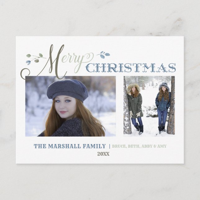Cartes Pour Fêtes Annuelles Feuilles aquarelle | 2 Photo | Joyeux Noël (Devant)