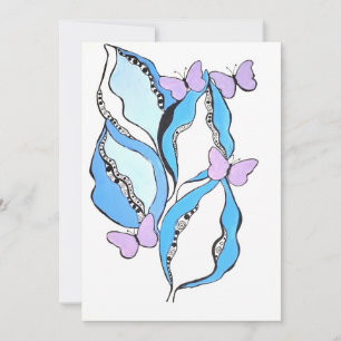 Cartes Pour Fêtes Annuelles Feuilles bleues fantaisistes et papillons violets