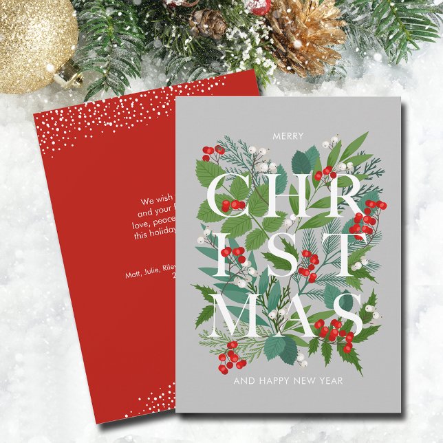 Cartes Pour Fêtes Annuelles Feuilles de Noël et baies (CHRISTMAS typography leaves and berries flat holiday cards - PRINTED and/or INSTANT DOWNLOAD)