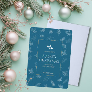 Cartes Pour Fêtes Annuelles Feuilles d'hiver or simple Noël bleu