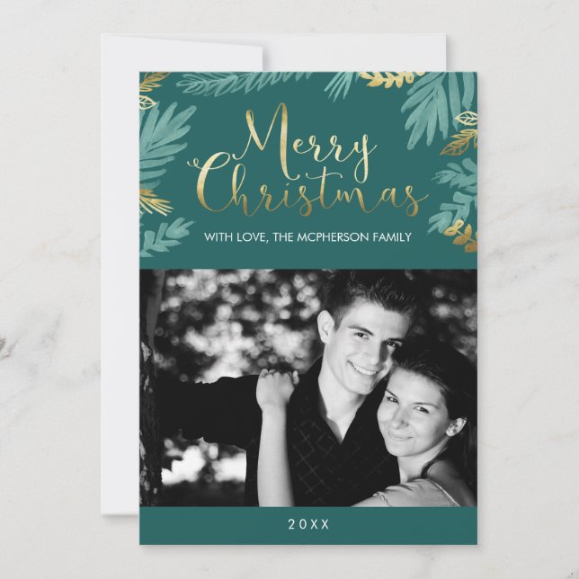 Cartes Pour Fêtes Annuelles Feuilles d'or et vert Joyeux Noël Photo (Devant)