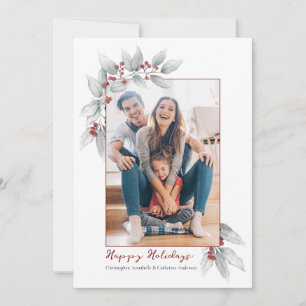 Cartes Pour Fêtes Annuelles Feuilles et Baies d'Hiver Grises et Rouges