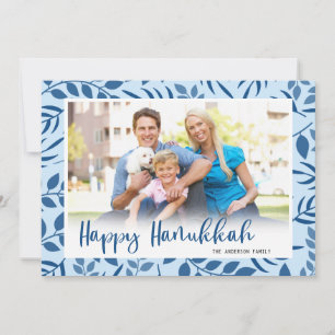 Cartes Pour Fêtes Annuelles Feuilles modernes bleues et photo de Hanukkah en c