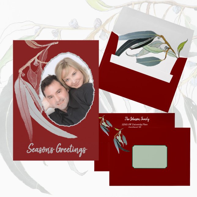 Cartes Pour Fêtes Annuelles Feuilles rouges et verts doux minimes Noël (Créateur téléchargé)