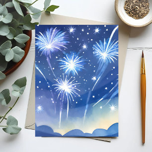 Cartes Pour Fêtes Annuelles Feux d'artifice bleus   Aquarelle de célébration d