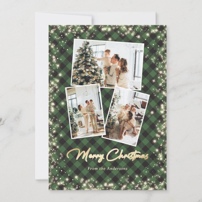 Cartes Pour Fêtes Annuelles Feux d'étincelle vert Plaid Photo Noël (Devant)