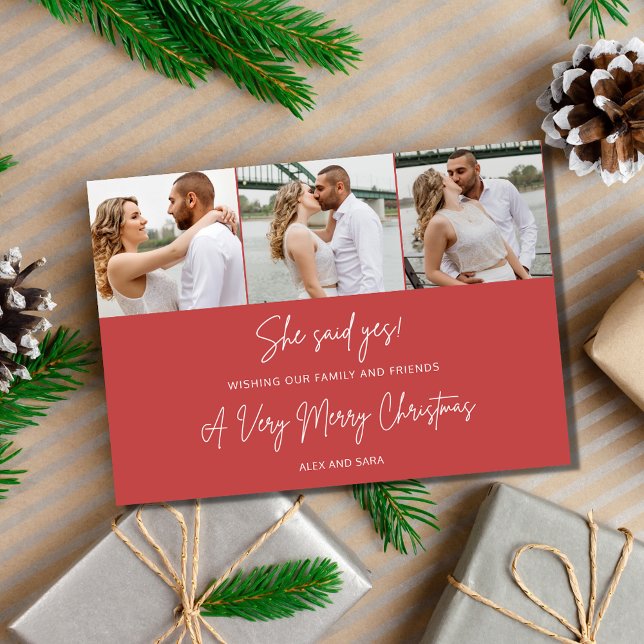 Cartes Pour Fêtes Annuelles Fiançailles de Noël Trois vacances photo (Christmas Engagement Three Photo Holiday Card)