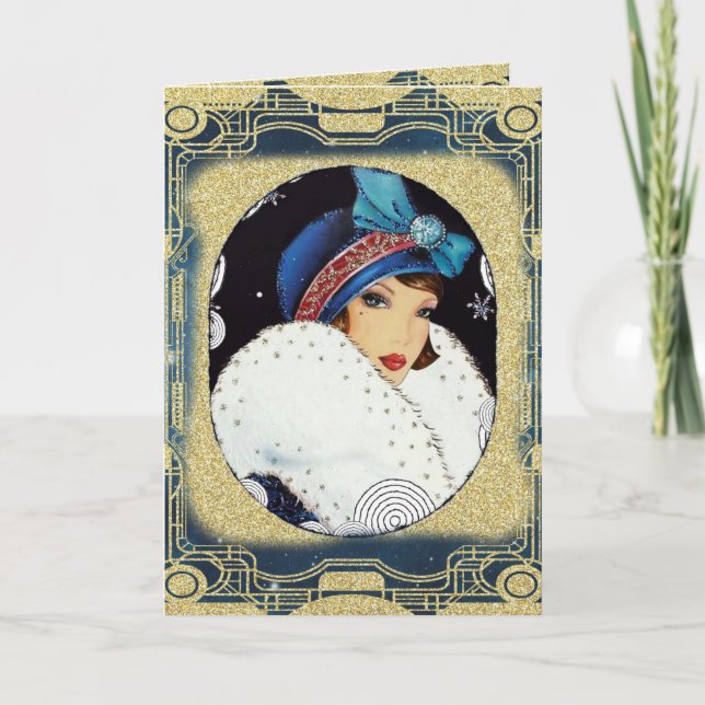 Cartes Pour Fêtes Annuelles Fil de Noël Fille Grosse fourrure blanche (Devant)