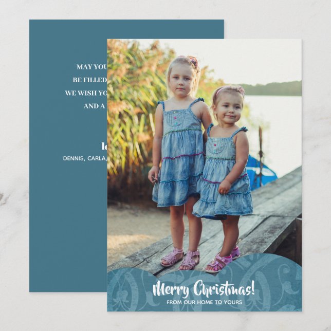 Cartes Pour Fêtes Annuelles Filigree lin turquoise Photo Noël (Devant / Derrière)