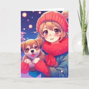 Cartes Pour Fêtes Annuelles Fille Anime avec Chien Personnalisé Noël