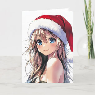 Cartes Pour Fêtes Annuelles Fille Anime Festive Chapeau de Père Noël avec des