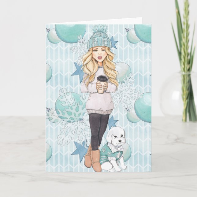 Cartes Pour Fêtes Annuelles Fille blonde avec le chiot blanc (Devant)
