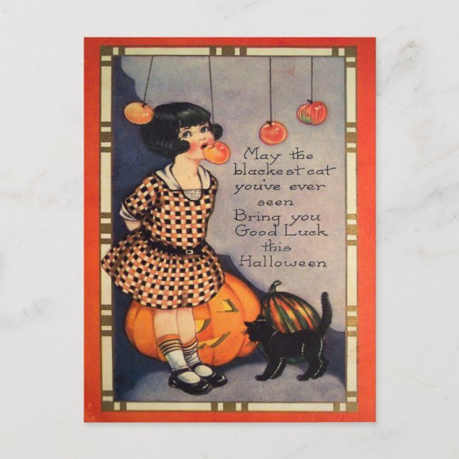 Cartes Pour Fêtes Annuelles Fille Bobbing Pour Pommes Citrouille Chat Noir (Devant)