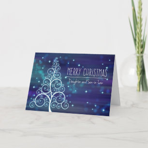 Cartes Pour Fêtes Annuelles Fille de Noël & Mari, Effet Bokeh & Arbre