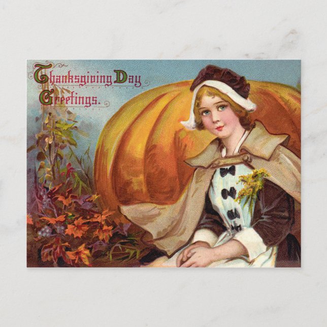 Cartes Pour Fêtes Annuelles Fille de pèlerin de Thanksgiving avec Citrouille (Devant)