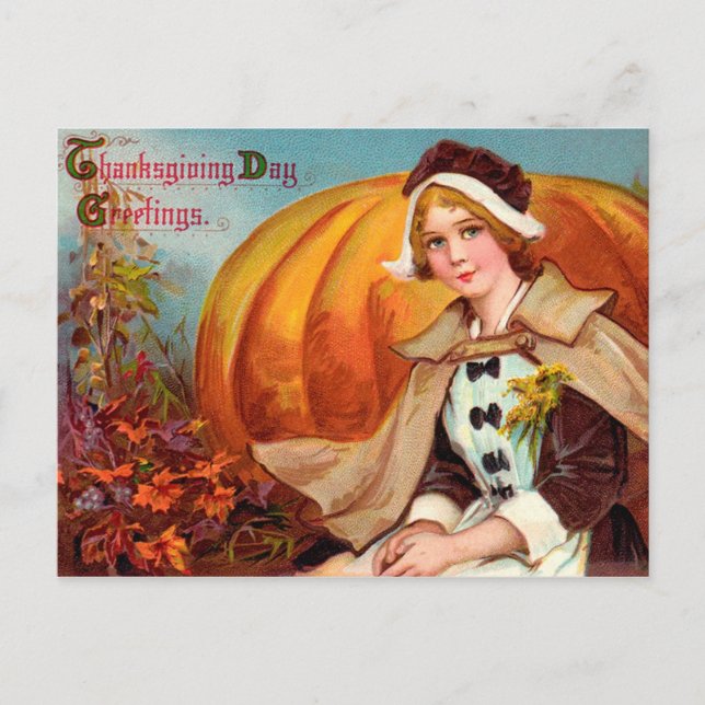 Cartes Pour Fêtes Annuelles Fille de pèlerin de Thanksgiving avec Citrouille (Devant)