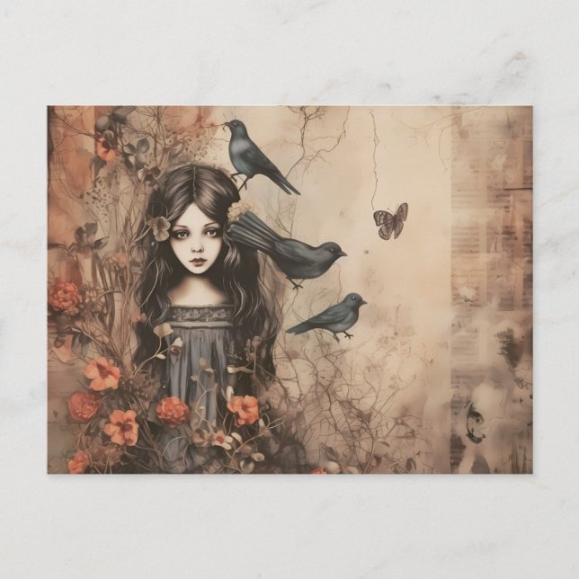 Cartes Pour Fêtes Annuelles Fille déplaisante aux oiseaux noirs et fleurs Hall (Devant)