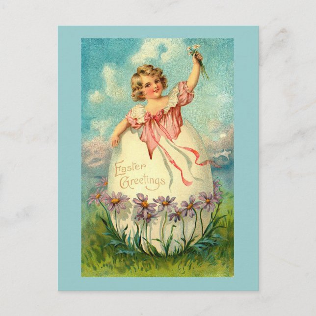 Cartes Pour Fêtes Annuelles Fille En Oeuf Pâques Vintages (Devant)