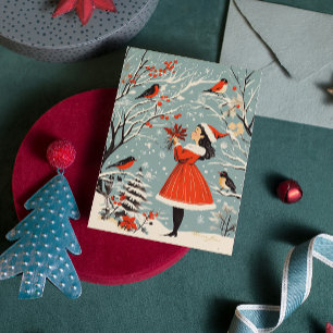Cartes Pour Fêtes Annuelles Fille festive de Noël vintage Oiseaux d'hiver Noël