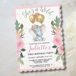 Cartes Pour Fêtes Annuelles Fille rose sauvage Eléphant premier anniversaire