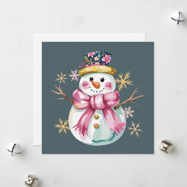 Cartes Pour Fêtes Annuelles Fille Snowman hiver vacances Noël mignonne (Devant/Arrière en situation)